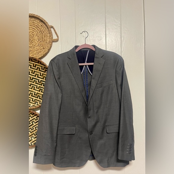 COLE HAAN PLAID GRAY BLUE 42R WOOL BLEND SUIT TOP